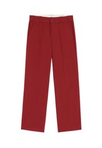 Röda, vida byxor i bomull med en slät yta, två framfickor och en rynkad midja med bälteshällor.