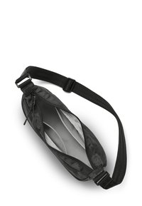 Zwarte stoffen tas met een ritsluiting, verstelbare schouderband en een gladde binnenvoering. Heeft een compact ovale vorm en een minimalistisch design.