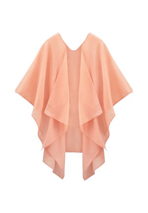 Pfirsichfarbener, lockerer Kimono mit V-Ausschnitt und fließenden, geschichteten Ärmeln. Hergestellt aus leichtem, weichem Stoff mit glatter Textur.