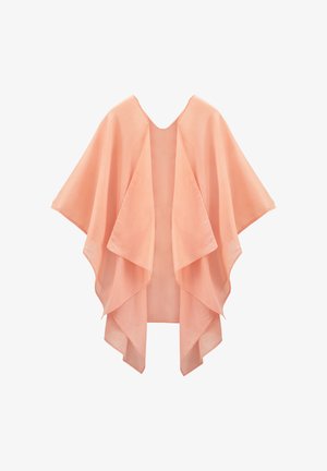 Pfirsichfarbener, lockerer Kimono mit V-Ausschnitt und fließenden, geschichteten Ärmeln. Hergestellt aus leichtem, weichem Stoff mit glatter Textur.