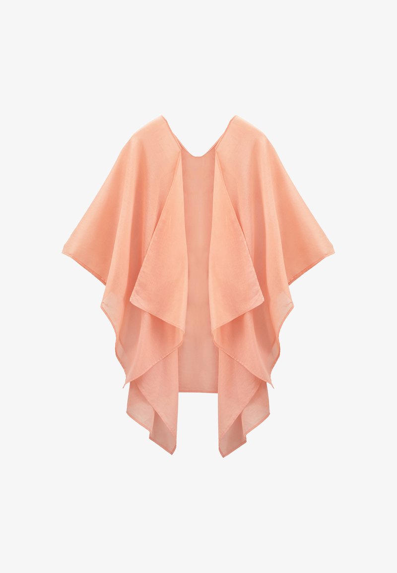 Peach-colored loose-fitting kimono with a V-neck and flowing, layered sleeves. Made from lightweight, soft fabric with a smooth texture.