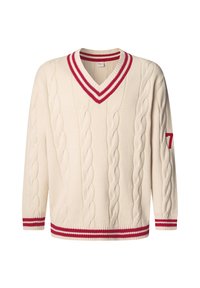 Sweater creme de malha em cabo com decote em V, com bordas em vermelho e branco na gola, punhos e bainha, apresentando o número "7" em vermelho na manga.