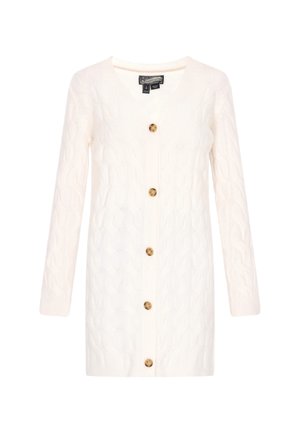 V-kaulanauha, pitkät hihat ja etupuolella viisi suurta ruskeaa nappia, valkoinen kaapelikudottu neuletakki. Pehmeä tekstuuri ja keskikokoinen muotoilu.