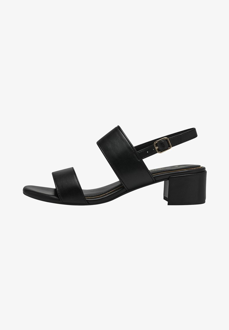 Black leather sandal featuring a block heel, two wide straps across the foot, and an adjustable ankle strap with a gold buckle.