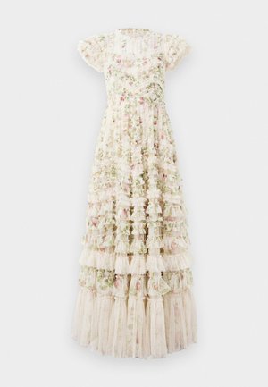 Rochie midi florală, realizată dintr-un material ușor, având mâneci scurte volănașe, detalii suprapuse cu volane și o paletă de culori pastelate cu trandafiri.