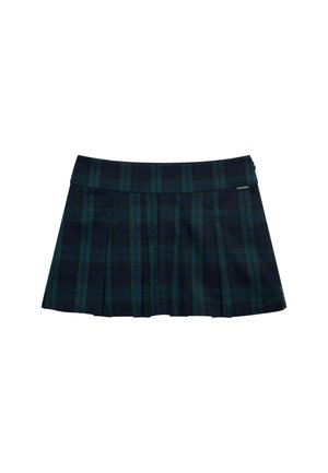 Karierter Faltenrock in Dunkelgrün und Marineblau mit glattem Bund und Logo-Akzent. Verfügt über ein klassisches, mehrlagiges Falten-Design.
