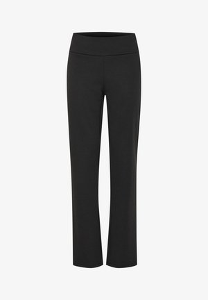 Mustad, veniv õhukesed püksid laia, ühtlase vöökoha piires. Otse jala kujundus, sile tekstuur, ei mingeid nähtavaid mustreid ega riistvara detaile.