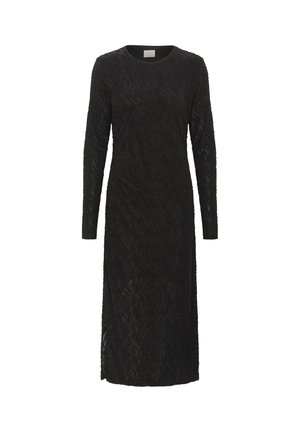 Robe midi noire à manches longues avec motif animalier texturé et fente latérale, avec encolure ronde et silhouette droite.