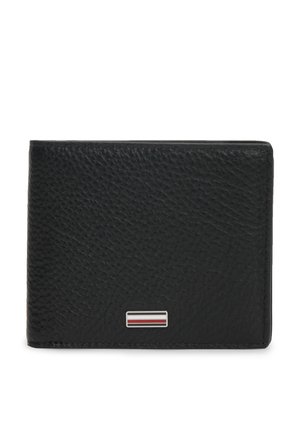 Black textured leather bifold wallet with a small rectangular metal logo featuring red, white, and black horizontal stripes centered on front.