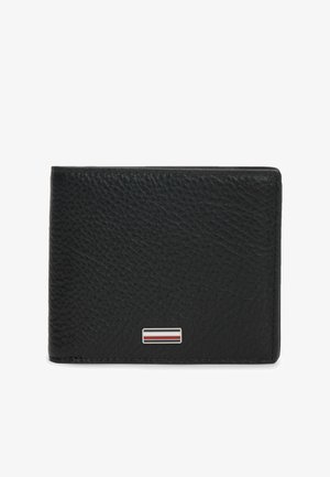 Black textured leather bifold wallet with a small rectangular metal logo featuring red, white, and black horizontal stripes centered on front.