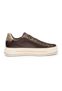 Low-top dark brown leather sneaker with matching laces, metallic heel tab, and thick off-white rubber sole with subtle brown stripe.