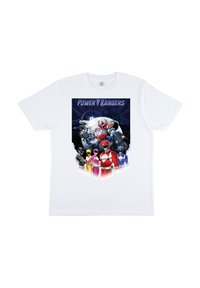 Hvid bomulds T-shirt med et farverigt grafik af Power Rangers i forskellige farver med en illustreret robot over logoet.