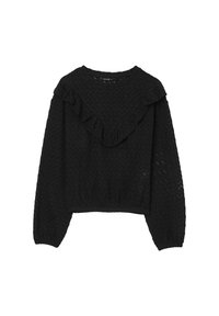 Maglione nero a maglia con un motivo a zigzag testurizzato, maniche lunghe e un design del colletto arricciato. Lunghezza corta con orlo elasticizzato.