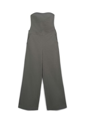 Jumpsuit senza spalline di colore grigio ardesia con gamba larga, realizzato in tessuto liscio. Presenta tasche laterali e un design del corpo strutturato.
