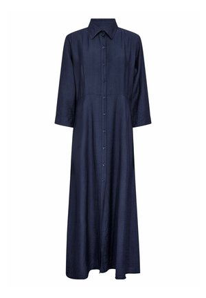 Haljina tamnoplave boje s gumbima, izrađena od teksturiranog tkanja; ima ovratnik i rukave dužine tri četvrtine, s ravnim krojem i midi duljinom.
