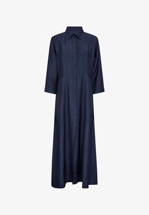 Donkerblauwe jurk met knopen, gemaakt van textuurrijk stof; heeft een kraag en driekwartmouwen, met een rechte silhouet en midi-lengte.