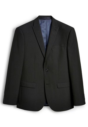 Črn blazer iz gladkega blaga, z izrezanim ovratnikom, zapiranjem na en gumb, dvema sprednjima žepoma in modrim notranjim obloženjem.