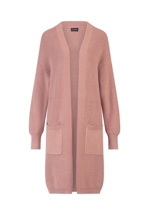 Cardigan lungo con apertura frontale in un morbido rosa, dotato di texture a coste. Presenta due tasche frontali e maniche lunghe con polsini affusolati.
