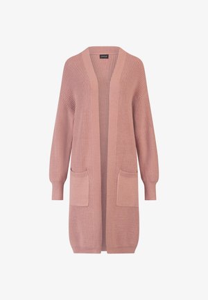 Langer, offener Cardigan in zartem Rosa mit geripptem Textur. Verfügt über zwei Fronttaschen und lange Ärmel mit schmalen Bündchen.