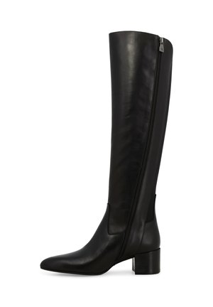 Stivale nero in pelle fino al ginocchio con punta appuntita, tacco robusto, cerniera laterale e pannello elastico per maggiore flessibilità.