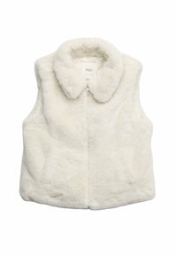 Vitt, fuskpälsväst med krage, framzipper och två sidofickor. Mjuk textur och avslappnad passform. Varumärkesetikett synlig inuti.
