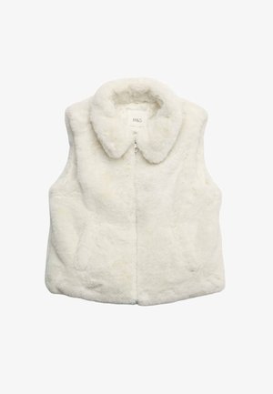 Gilet en fausse fourrure blanche avec un col, fermeture éclair à l'avant et deux poches latérales. Texture douce et coupe décontractée. Étiquette de la marque visible à l'intérieur.