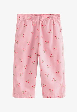 Roze hlače od teksturirane tkanine s malim uzorkom trešnje u crvenoj i zelenoj boji, s elastičnim pojasom i ravnim krojem.