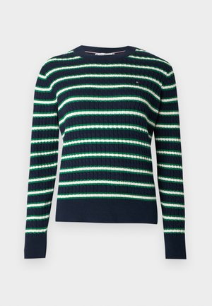 Knitted sweater with long sleeves, featuring horizontal navy, green, and white stripes. Round neck and ribbed cuffs; textured fabric.