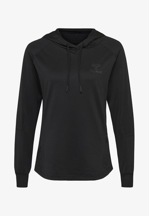 Svart långärmad hoodie med snörning, raglanärmar och en subtil logo. Har mjuk, slät tyg och en sidodragskedja.