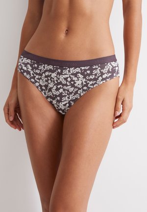 Culotte de bikini pour femme avec une base gris foncé, un motif floral blanc et une taille élastique douce avec un logo en relief.