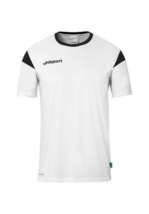 T-shirt de sport blanc à manches courtes, avec des accents noirs sur les épaules, col rond, et logo "uhlsport" imprimé en noir sur le devant.