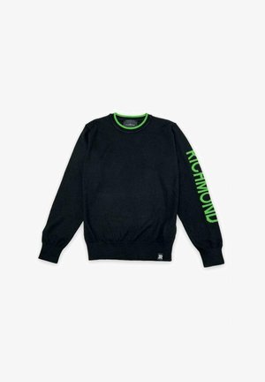 Pull noir à manches longues et col rond avec bordure verte, texte "RICHMOND" en vert sur la manche droite, et petit écusson logo JR en bas de l'ourlet.