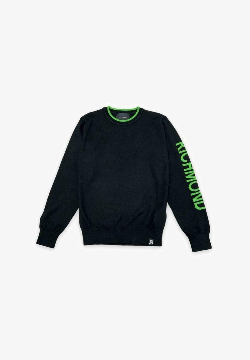 Pull noir à manches longues et col rond avec bordure verte, texte "RICHMOND" en vert sur la manche droite, et petit écusson logo JR en bas de l'ourlet.