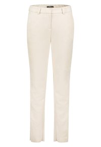 Beige tailored trousers with a smooth texture, straight cut, and slight slits at the hem. Features a narrow waistband and front pockets.