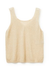 Beige top bez rukávů s jemnou texturou, designem v tvaru V a uvolněným střihem, se mírně širšími ramínky a čistým lemem.