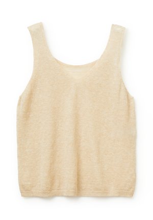 Beige ärmelloses Top mit weicher Textur, V-Ausschnitt und lässiger Passform, das leicht breitere Träger und einen sauberen Saum aufweist.