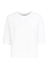 Witte t-shirt met korte mouwen, gemaakt van katoen. Heeft een ronde halslijn en een boxy silhouet, met lichte rimpeling bij de mouwuiteinden.