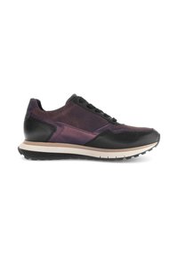 Zwarte en paarse sneaker met een gladleren bovenwerk, gestructureerde accenten, platte veters en een witte tussenzool met een zwarte rubberen buitenzool.