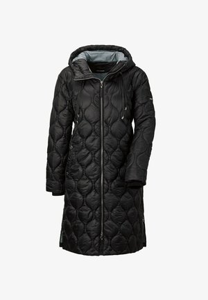 Schwarze, gesteppte, lange Jacke mit Kapuze, ausgestattet mit einem Reißverschluss, elastischen Bündchen und einem glatten Innenfutter. Texturiertes Muster im gesamten Kleidungsstück.