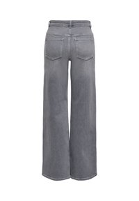 Jean gris à jambes larges, taille haute et deux poches arrière, vu de dos sur fond blanc.