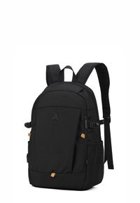 Zaino nero realizzato in tessuto resistente, con spallacci imbottiti, tasca anteriore con zip, tasche laterali in rete e dettagli dorati sulle cerniere.