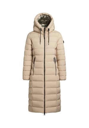 Bež podstavljena jakna s kapuljačom, sa metalik unutarnjom postavom, dva džepa na patentni zatvarač i crnim detaljima na hardveru.