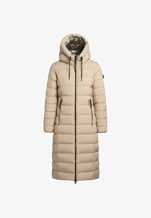 Beżowy pikowany płaszcz z kapturem, z metaliczną podszewką wewnętrzną, dwoma kieszeniami na zamek oraz czarnymi elementami ozdobnymi.