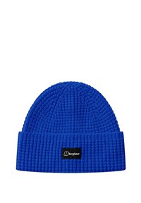 Beanie blu lavorato a maglia con un motivo testurizzato, dotato di un risvolto e un'etichetta in tessuto nera con branding bianco sul fronte.