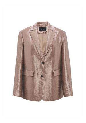 Metallisch rosefarbener Blazer mit strukturiertem Finish, Ein-Knopf-Verschluss, Reverskragen und zwei vorderen Taschen.