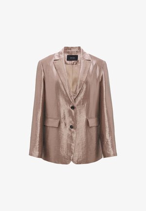 Blazer metallico color rosa con finitura testurizzata, chiusura a bottone singolo, rever storto e due tasche frontali.