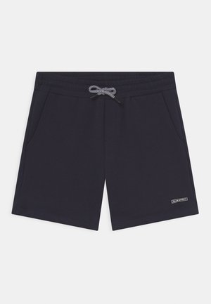 Granatowe casualowe szorty z elastycznym pasem, czarno-białym sznurkiem do zawiązania, bocznymi kieszeniami oraz małym logo "Blue Effect" na nogawce.