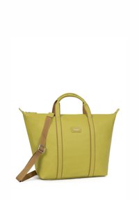 Borsa tote verde realizzata in materiale liscio, dotata di due manici corti, una tracolla marrone removibile e dettagli di cucitura laterale discreti.