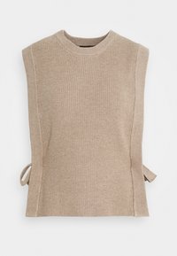 Haut en maille côtelée beige avec un col rond, des manches courtes et des liens sur les côtés pour un ajustement réglable. Tissu texturé avec une silhouette ajustée.