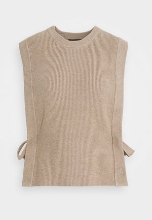 Haut en maille côtelée beige avec un col rond, des manches courtes et des liens sur les côtés pour un ajustement réglable. Tissu texturé avec une silhouette ajustée.